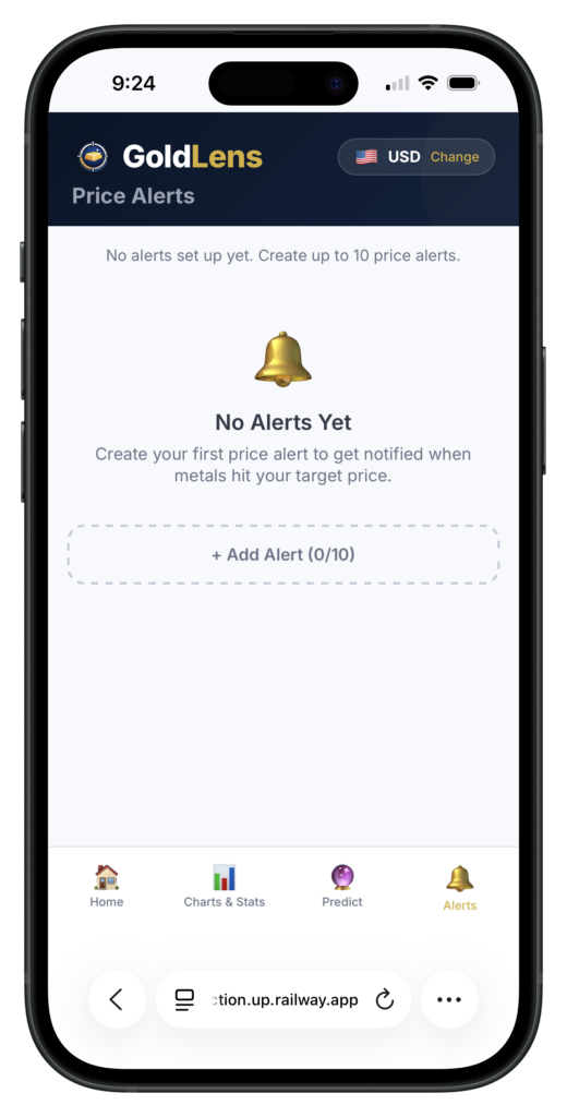 GoldLens smart price alerts screen for gold and precious metals